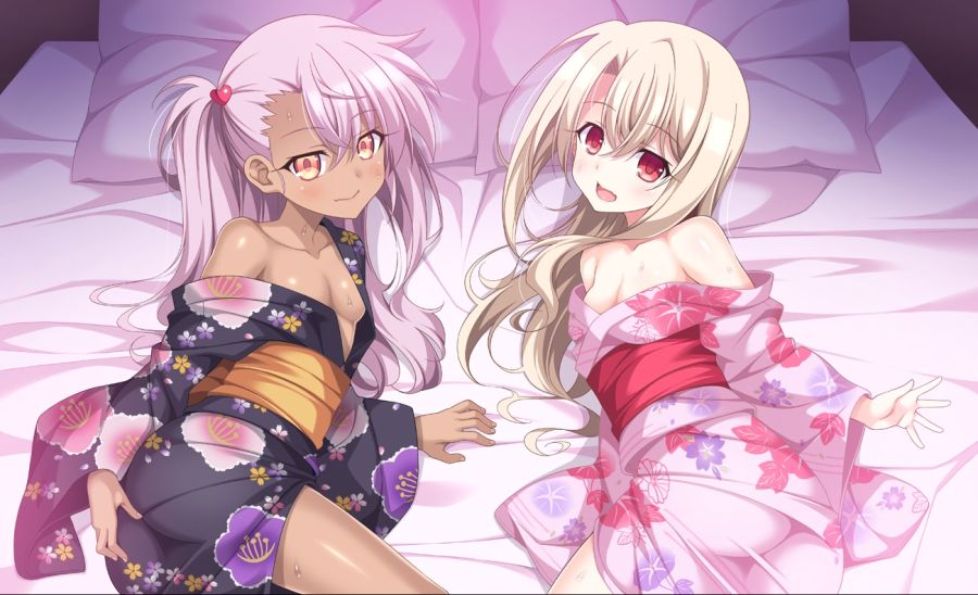 Konachan.com - 246945 2girls bed blonde_hair blush breasts chloe_von_einzbern dark_skin fate_(series) japanese_clothes loli long_hair pink_hair red_eyes yukata.jpg