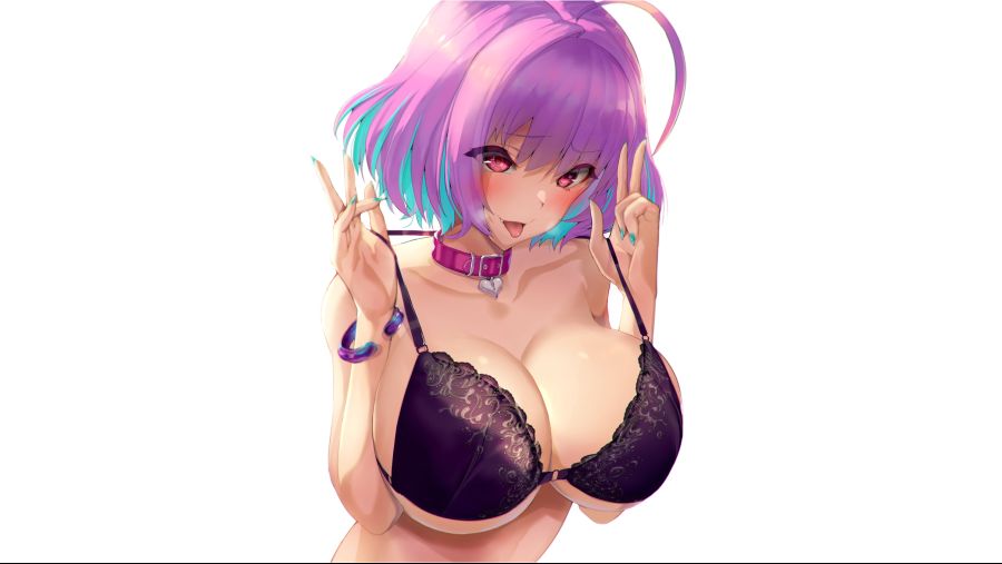 Konachan.com - 282676 blush bra breasts collar fang idolmaster pink_eyes pink_hair satou_daiji short_hair underwear white wristwear yumemi_riamu.jpg