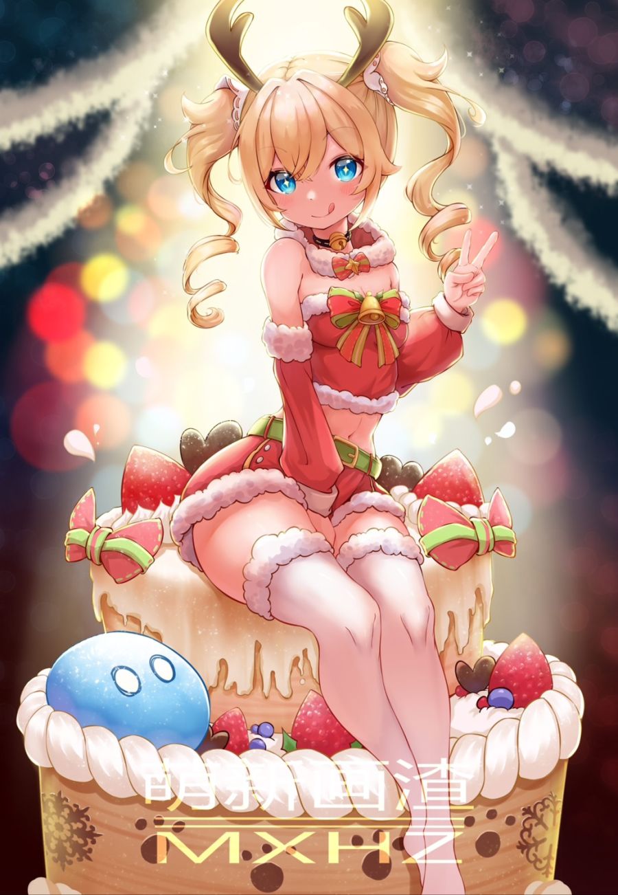 yande.re 719399 sample barbara_(genshin_impact) christmas genshin_impact horns moe_shin_image_residue no_bra thighhighs.jpg