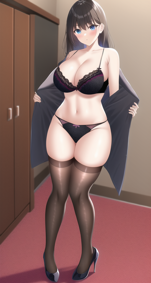naked jacket, black bra, large breasts, thighhighs, high heels, thighhighs panty, room, s-2112272371.png