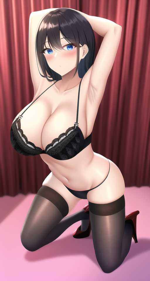 black bra, large breasts, thighhighs, high heels, thighhighs panty, room, armpits, s-4159254753.png