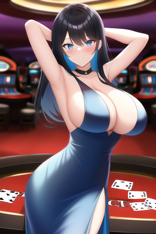 _black hair, blue eyes, casino card table, large breasts, cocktail dress, armpits, s-1963286961.png