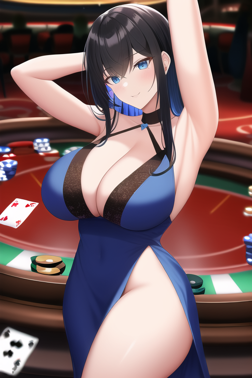 _black hair, blue eyes, casino card table, large breasts, cocktail dress, armpits, s-3864495832.png