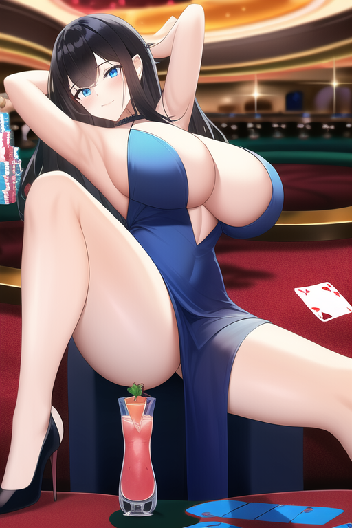 _black hair, blue eyes, casino card table, large breasts, cocktail dress, high heels, armpits, s-1976614094.png