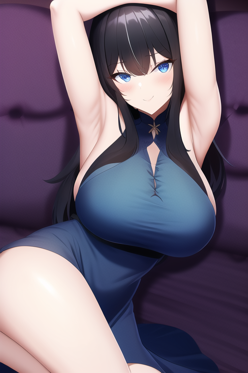 armpits, cocktail dress, black hair, blue eyes, large breasts, s-104674720.png