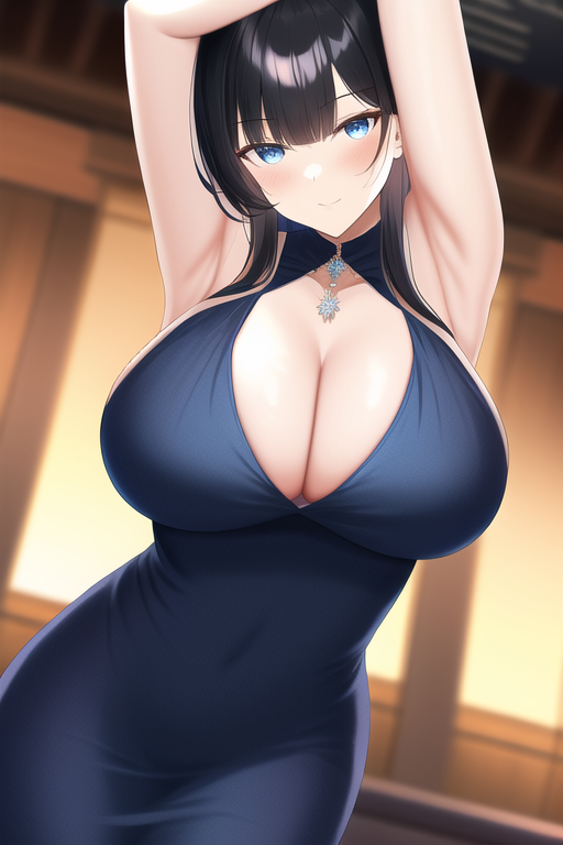 armpits, cocktail dress, black hair, blue eyes, large breasts, s-1083134561.png
