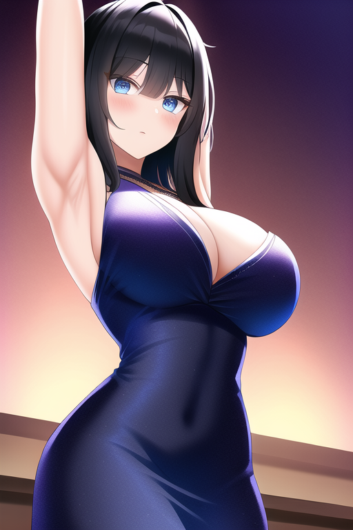 armpits, cocktail dress, black hair, blue eyes, large breasts, s-1114636813.png