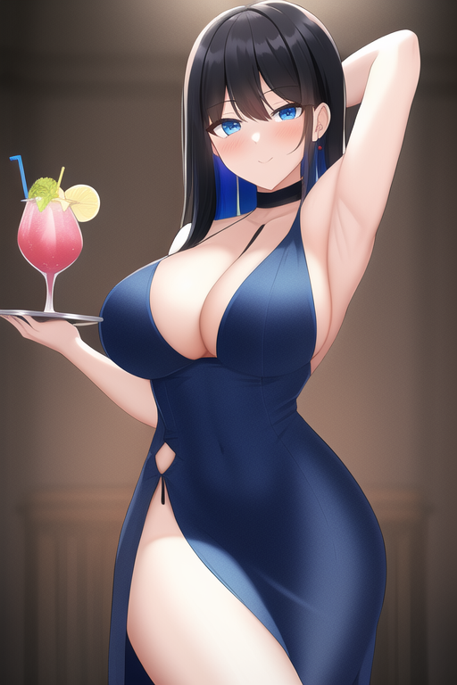 armpits, cocktail dress, black hair, blue eyes, large breasts, s-1881012979.png