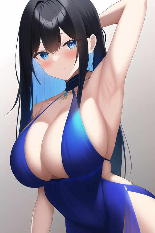 armpits, cocktail dress, black hair, blue eyes, large breasts, s-2321349530.png