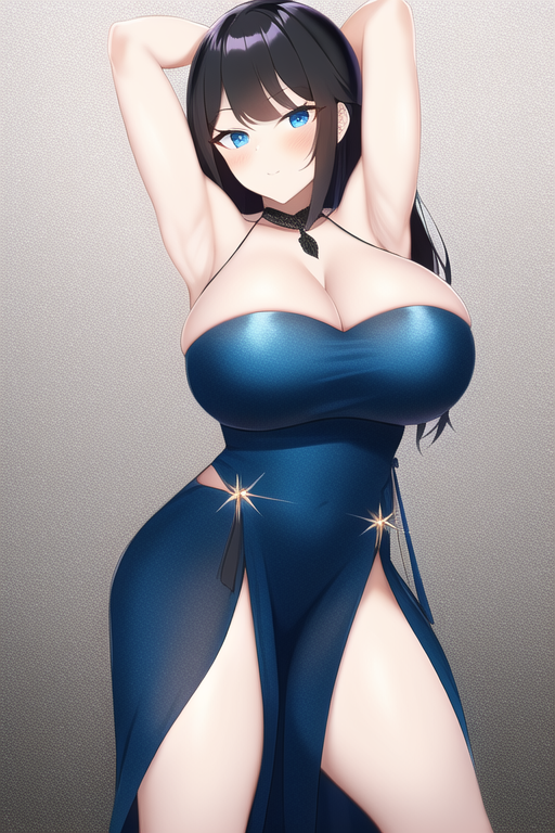 armpits, cocktail dress, black hair, blue eyes, large breasts, s-3424685606.png