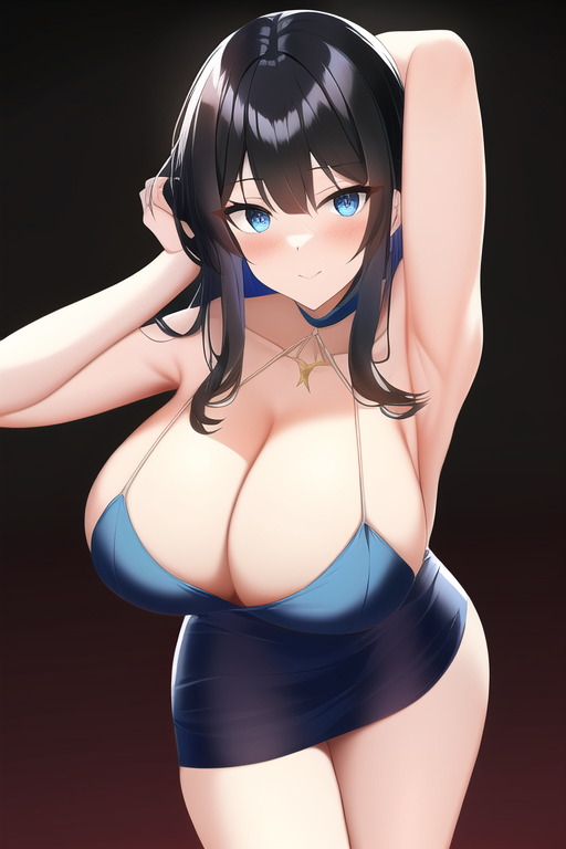 armpits, cocktail dress, black hair, blue eyes, large breasts, s-3889094690.png