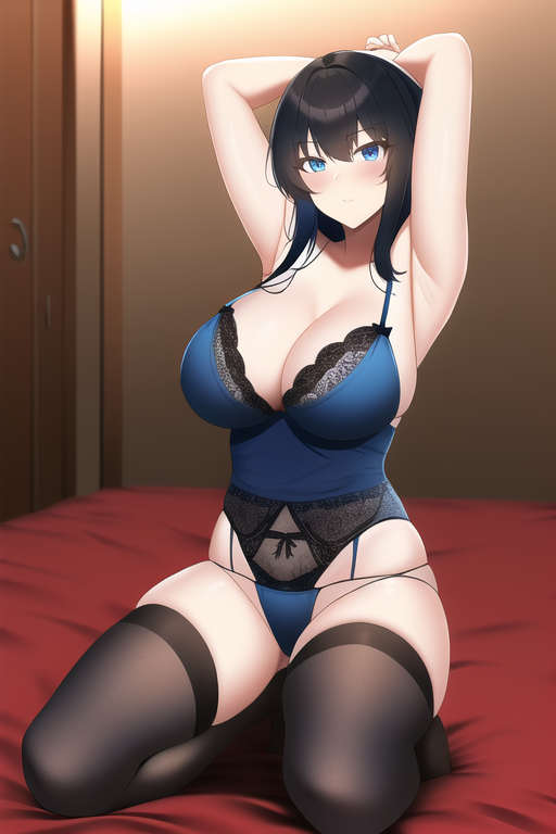 blue eyes, black hair, large breasts, armpits, room, thighhighs, highres, lingerie, s-2851472729.png
