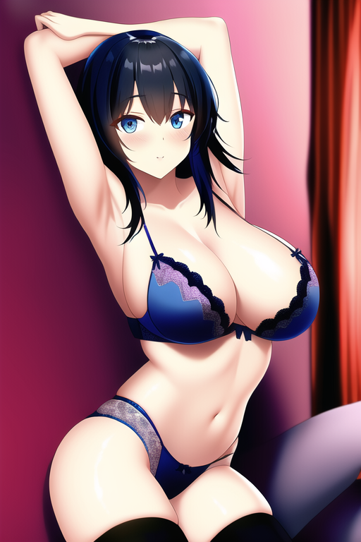 blue eyes, black hair, large breasts, armpits, room, thighhighs, highres, lingerie, s-3375370372.png