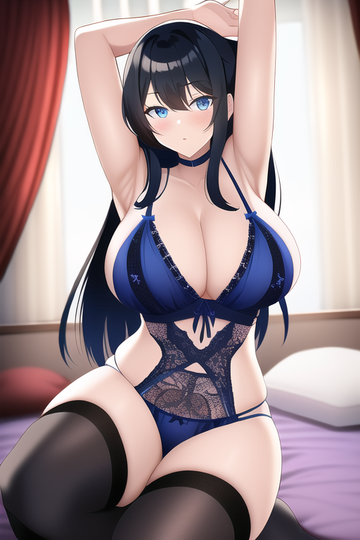blue eyes, black hair, large breasts, armpits, room, thighhighs, highres, lingerie, s-2973406839.png