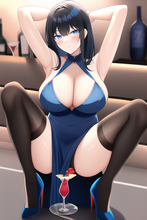 blue eyes, black hair, large breasts, thighhighs, high heels, cocktail dress, street, armpits s-3227195105.png
