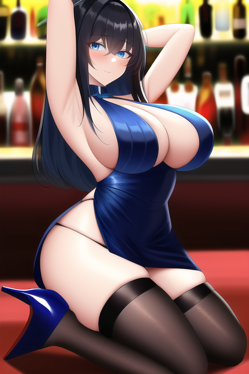 blue eyes, black hair, large breasts, thighhighs, high heels, cocktail dress, street, armpits s-444161016.png
