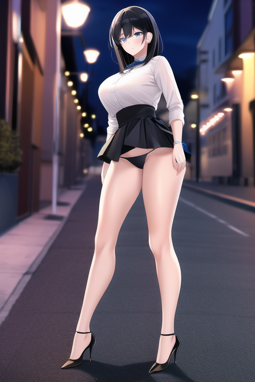 blue eyes, black hair, large breasts, high heels,STREET, NIGHT, MOICRO SKIRT, micro panties, s-1940584450.png