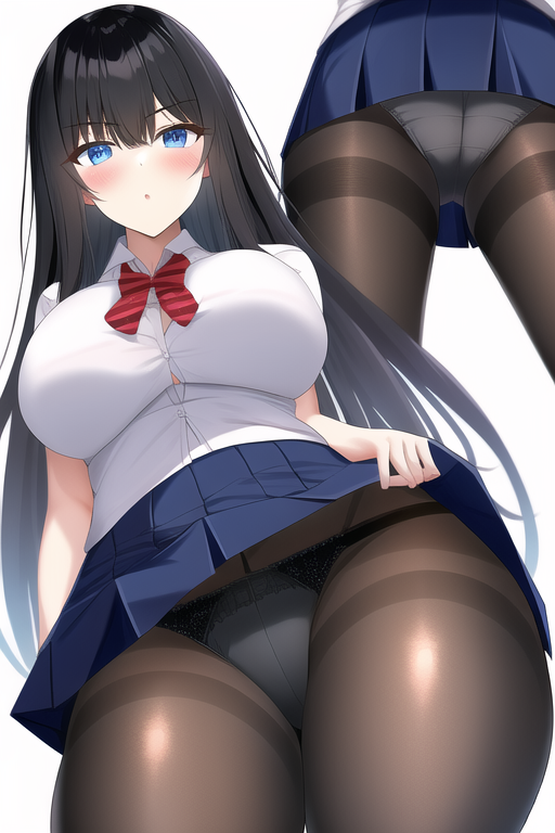 black hair, blue eyes, microskirt, panties over pantyhose, large breasts, s-687896898.png