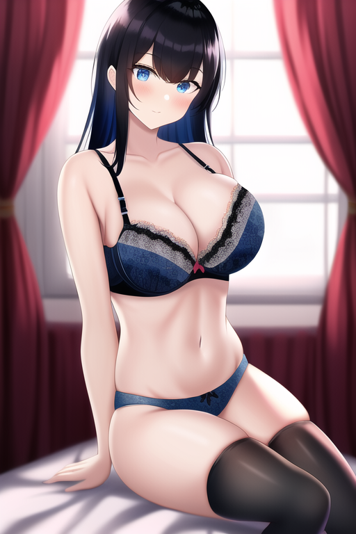 black hair, blue eyes, thighhighs, large breasts, room, bra s-4101236974.png