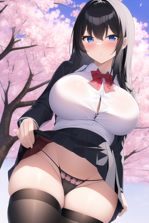 black hair, blue eyes, large breasts, thighhighs, micro panties, skirt, cherry blossoms, s-4000976433.png