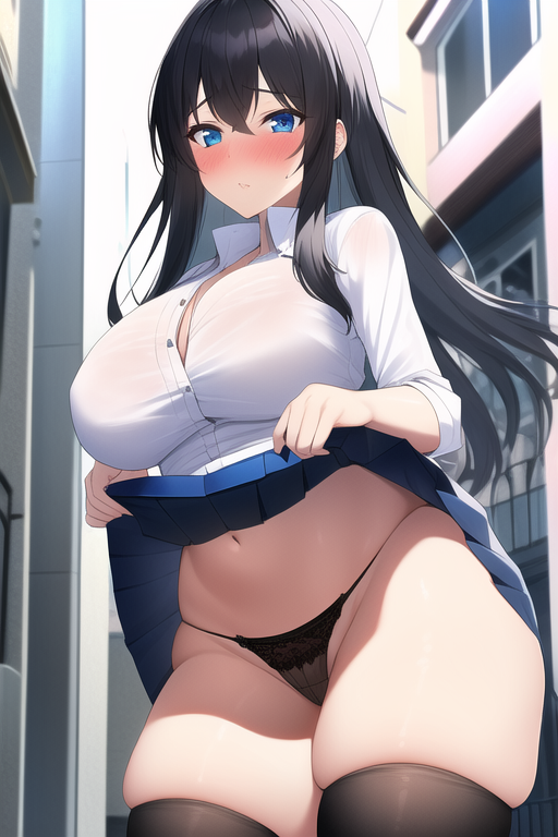 blue, eyes, large breasts, black hair, thong, thighhighs, street, skirt lift, blush s-3550280282.png