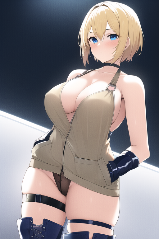 blond hair, short hair, blue eyes, large breasts, hand in pocket, thong, thigh boots, thigh strap, night, 1girl s-649216934.png