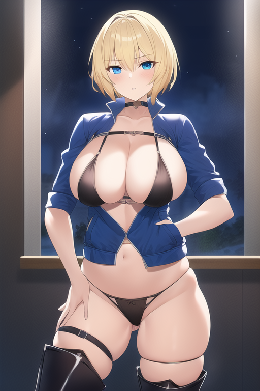 blond hair, short hair, blue eyes, large breasts, hand in pocket, thong, thigh boots, thigh strap, night, 1girl s-2277172343 (1).png