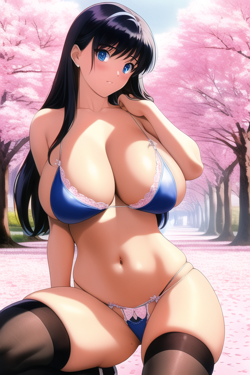 1990s (style), masterpiece, large breast, black hair, blue eyes, thighhighs, thong, cherry blossoms s-1062181221.png