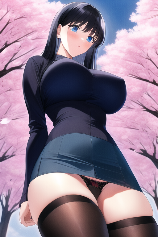1990s (style), masterpiece, large breast, black hair, blue eyes, thighhighs, black panty, miniskirt, cherry blossoms, s-837440217.png