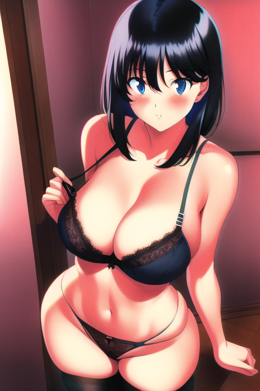 1990s (style),black hair, blue eyes, large breasts, thong, thighhighs, black bra, highres, room s-1461924862.png