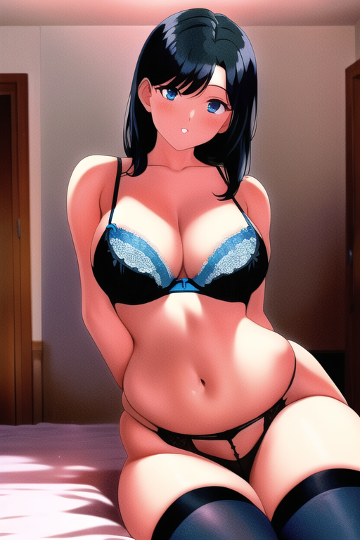 1990s (style),black hair, blue eyes, large breasts, thong, thighhighs, black bra, highres, room s-3993094169.png