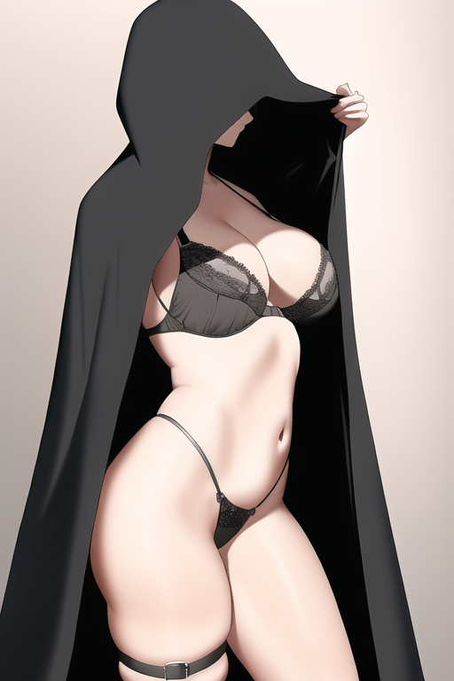 large breasts, thigh strap, thong, black bra, hooded cape, covering face, s-697549993.png