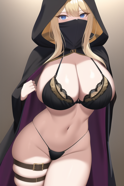 blond hair, large breast, hooded cape, covering face, thigh strap, thong, black bra, fantasy street s-1814719315.png