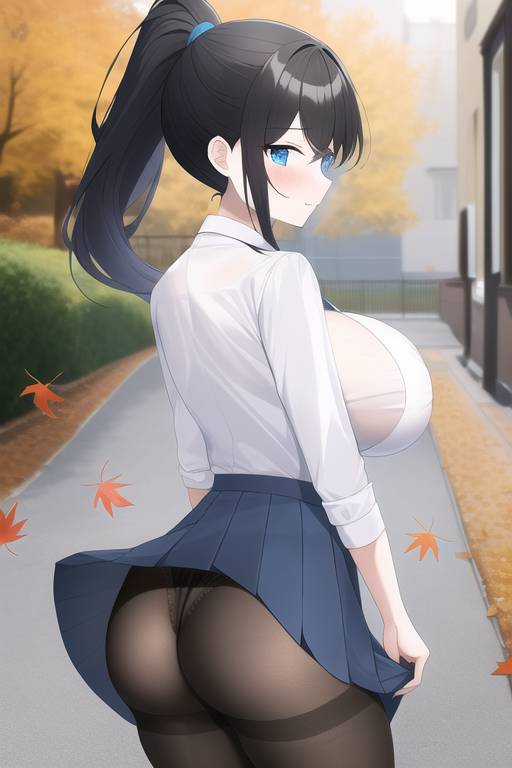 BLUE ARChive(style), black hair, ponytail, blue eyes, large breast, shirt, thong, pantyhose, behind back, street, back, falling leaf, overall skirt, wind s-1739708507.png