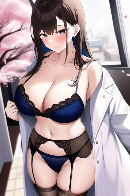 1girl, {detailed}, lustrous skin, colorful, large breast, blue archive(style), brown hair, straight hair, black eyes, cherry blossoms, white coat, Attendance, open coat, thong, c s-2592583408.png