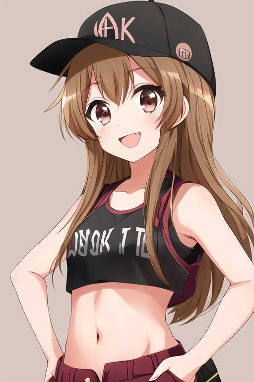 01732-3972766409-(kyoko style), masterpiece, best quality ,1girl ,brown hair, hat, long hair, brown eyes, solo, open mouth, smile,baseball cap, b.png