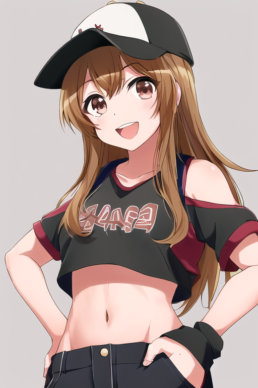 01734-2216207306-(kyoko style), masterpiece, best quality ,1girl ,brown hair, hat, long hair, brown eyes, solo, open mouth, smile,baseball cap, b.png