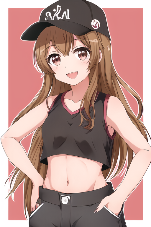 01735-3889825020-(kyoko style), masterpiece, best quality ,1girl ,brown hair, hat, long hair, brown eyes, solo, open mouth, smile,baseball cap, b.png