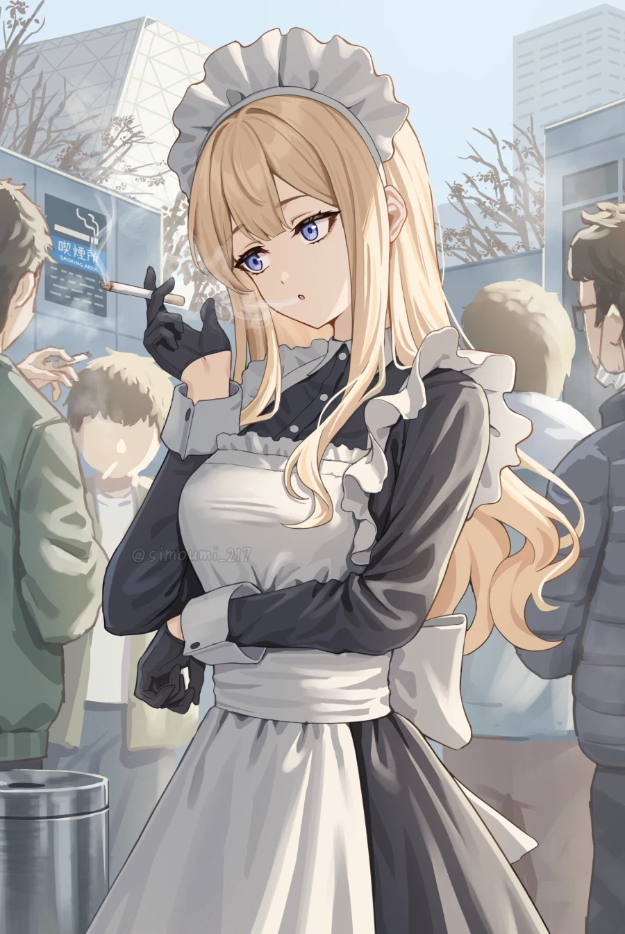 메이드복 입고 코미케 흡연장에서 담배 피는 코스어_1.webp