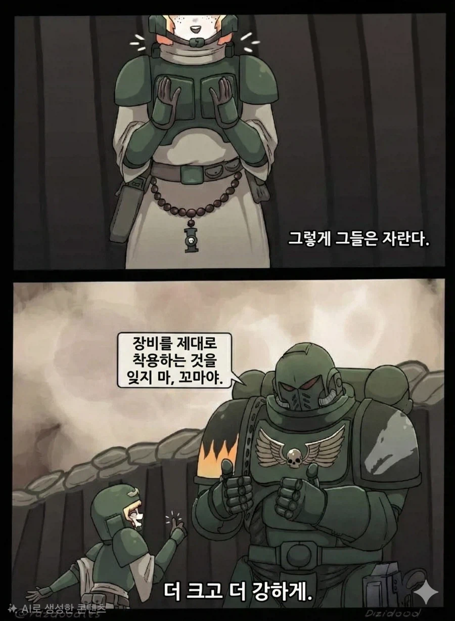 꼬마 가드맨과 카오스 마린이 맞다이하는 워해머 만화.comic_3.webp