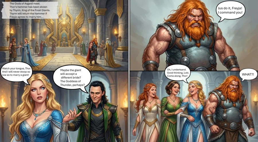 AI) 북구 신화의 토르가 여장을 하고서 묠니르를 되찾는 만화_1.webp