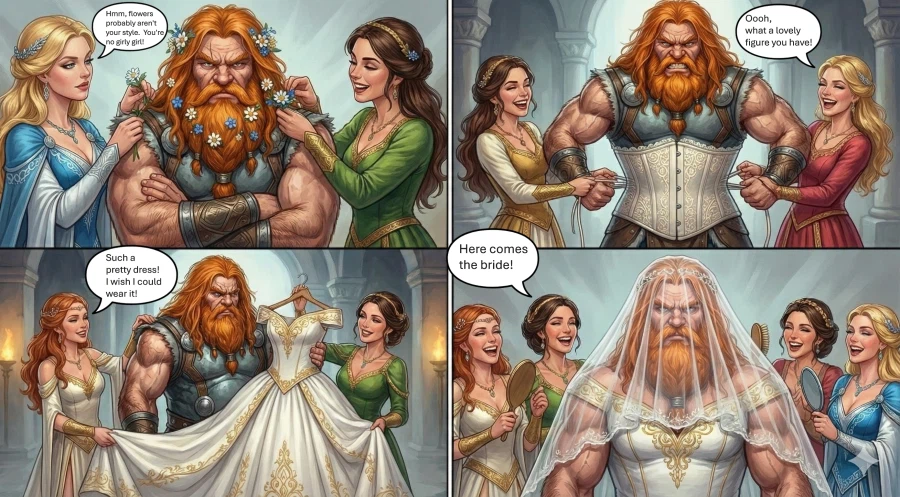 AI) 북구 신화의 토르가 여장을 하고서 묠니르를 되찾는 만화_2.webp