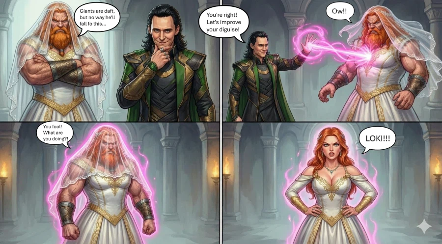 AI) 북구 신화의 토르가 여장을 하고서 묠니르를 되찾는 만화_3.webp