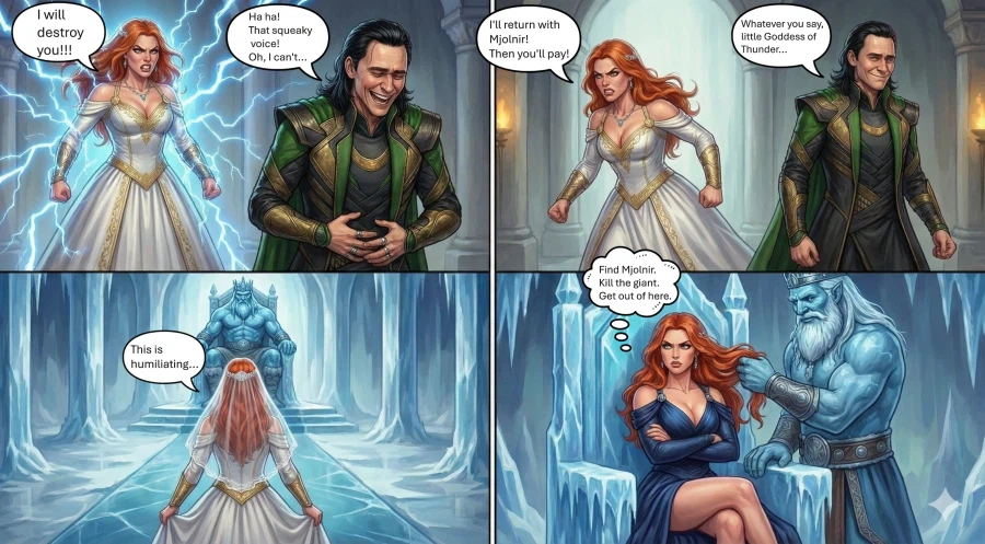 AI) 북구 신화의 토르가 여장을 하고서 묠니르를 되찾는 만화_4.webp