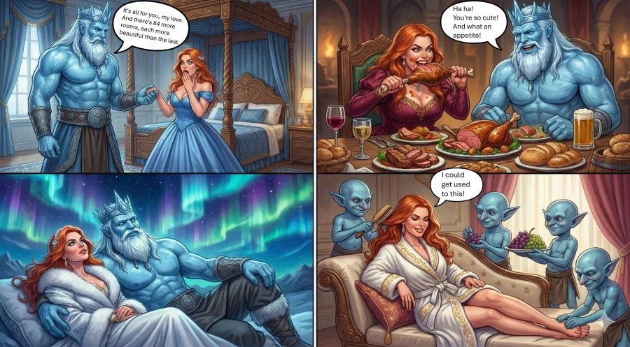 AI) 북구 신화의 토르가 여장을 하고서 묠니르를 되찾는 만화_5.webp