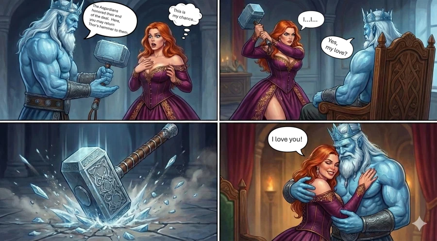 AI) 북구 신화의 토르가 여장을 하고서 묠니르를 되찾는 만화_6.webp