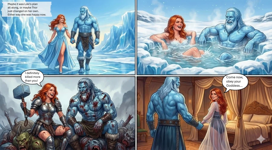 AI) 북구 신화의 토르가 여장을 하고서 묠니르를 되찾는 만화_7.webp