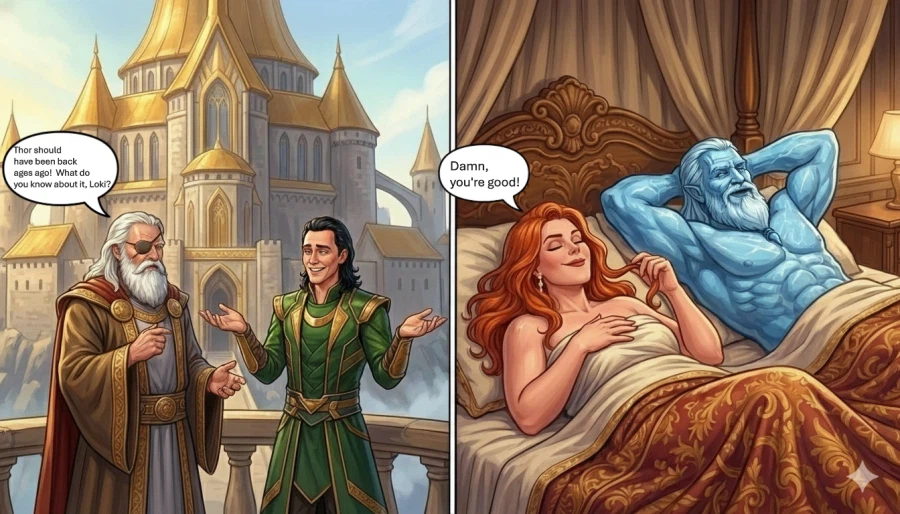 AI) 북구 신화의 토르가 여장을 하고서 묠니르를 되찾는 만화_8.webp