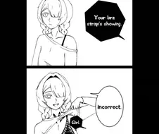 "브라 끈이 보이는데요."