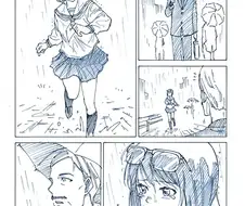 눈물 흘리며 빗길을 달려가는 여고생.manga